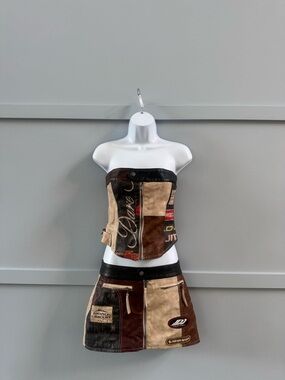 Jaded London Patchwork Faux Leather Corset Top & Mini Skirt Set - Brown & Tan